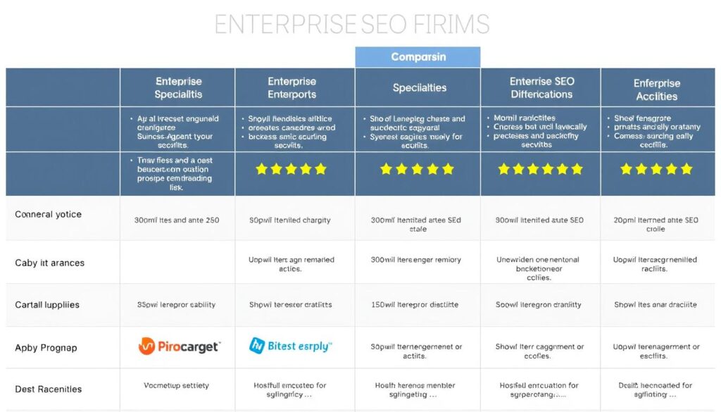 Comparison of top enterprise SEO firms showing their specialties and strengths Comparison of top enterprise SEO firms showing their specialties and strengths