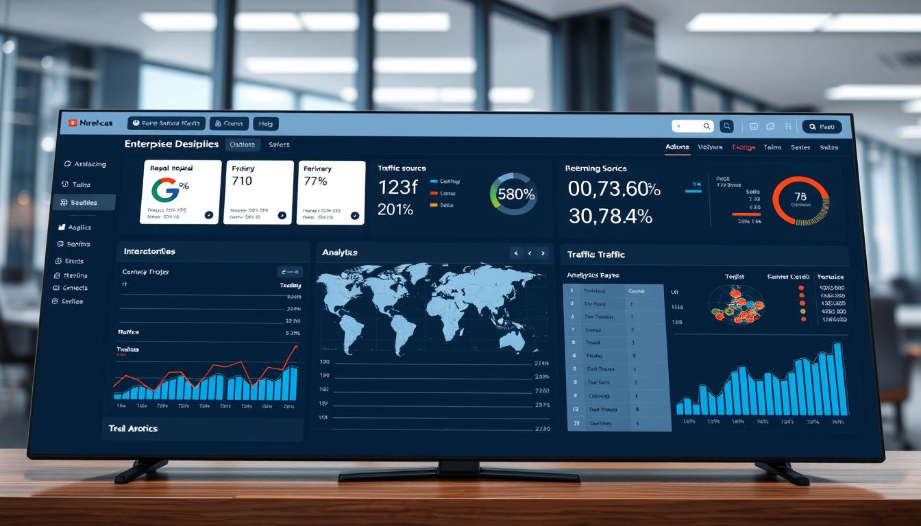 Enterprise SEO dashboard showing multiple domains and international traffic sources