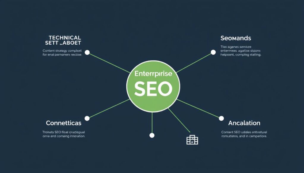 Enterprise SEO services diagram showing interconnected optimization areas Enterprise SEO services diagram showing interconnected optimization areas