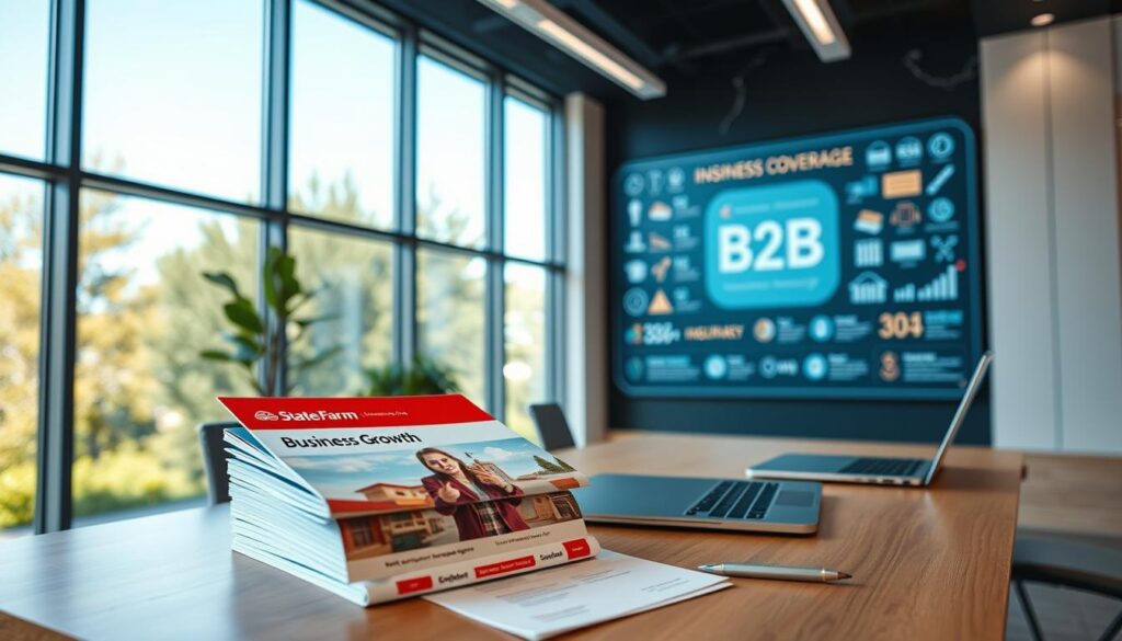 A modern and minimalist office interior with large windows flooding the space with natural light. On the desk, a stack of brochures and folders showcasing "B2B Business Growth" insurance products from State Farm, alongside a laptop and a pen. In the background, a large wall display features various icons and infographics related to State Farm's comprehensive business coverage solutions. The room has a professional yet welcoming atmosphere, reflecting State Farm's commitment to tailored, industry-specific insurance options for enterprises. A modern and minimalist office interior with large windows flooding the space with natural light. On the desk, a stack of brochures and folders showcasing "B2B Business Growth" insurance products from State Farm, alongside a laptop and a pen. In the background, a large wall display features various icons and infographics related to State Farm's comprehensive business coverage solutions. The room has a professional yet welcoming atmosphere, reflecting State Farm's commitment to tailored, industry-specific insurance options for enterprises.