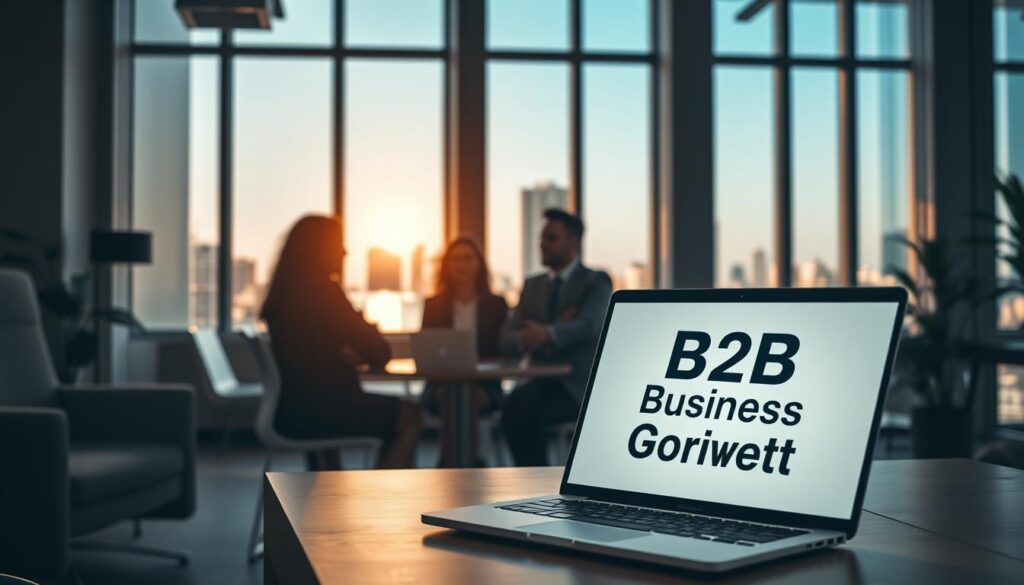A modern office interior with a team of professional business consultants gathered around a table, deep in discussion. The scene is bathed in warm, directional lighting from tall windows, casting dramatic shadows and highlights. In the foreground, a laptop displays the &amp;amp;quot;B2B Business Growth&amp;amp;quot; logo, symbolizing the use of cutting-edge lead generation services. The middle ground features the consultants, their expressions focused and determined, surrounded by minimalist furniture and decor. The background showcases a cityscape view through the windows, hinting at the global scale of their operations. The overall mood is one of efficiency, innovation, and a relentless drive to propel business growth.