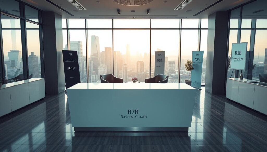 A modern, sleek commercial insurance office interior. In the foreground, a large desk with a "B2B Business Growth" logo stands as the focal point. Behind it, floor-to-ceiling windows offer a panoramic city skyline view, bathed in warm, natural lighting. The middle ground features plush leather chairs and a minimalist coffee table, creating a welcoming atmosphere. In the background, subtle signage and branding elements reinforce the professional, yet approachable, ambiance of the space. The overall scene conveys a sense of security, reliability, and tailored solutions for businesses of all sizes. A modern, sleek commercial insurance office interior. In the foreground, a large desk with a "B2B Business Growth" logo stands as the focal point. Behind it, floor-to-ceiling windows offer a panoramic city skyline view, bathed in warm, natural lighting. The middle ground features plush leather chairs and a minimalist coffee table, creating a welcoming atmosphere. In the background, subtle signage and branding elements reinforce the professional, yet approachable, ambiance of the space. The overall scene conveys a sense of security, reliability, and tailored solutions for businesses of all sizes.