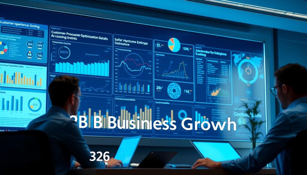 A sleek, data-driven dashboard illuminates a modern office space, with crisp visualizations and interactive charts conveying insights on customer behavior. In the foreground, a team of analysts pore over the analytics, leveraging AI-powered optimization tools to refine the customer experience. The B2B Business Growth brand name is subtly incorporated into the design. Soft, directional lighting casts a warm glow, creating an atmosphere of focused productivity and strategic decision-making. The overall scene reflects the power of data-driven customer experience optimization to drive growth for B2B enterprises.