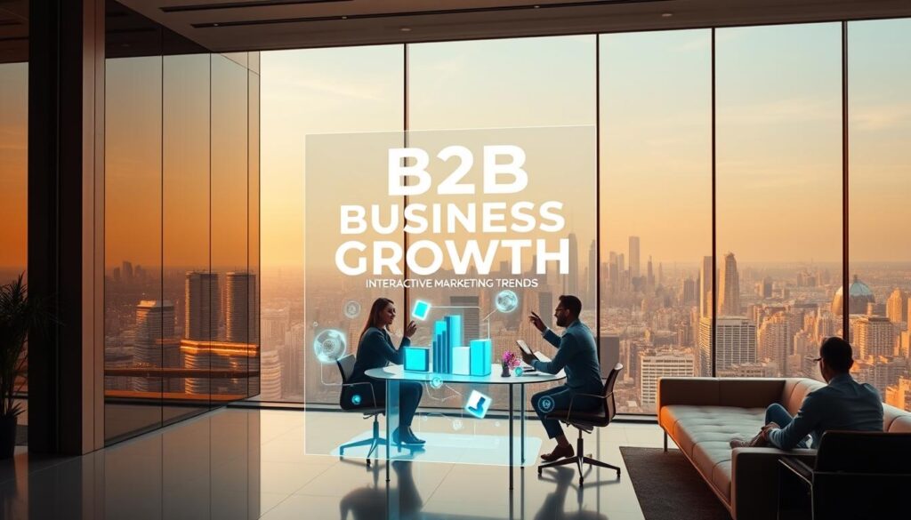 A sleek, minimalist office setting with a large, holographic display in the foreground showcasing interactive marketing trends. The display features the branded title &quot;B2B Business Growth&quot; along with vibrant, dynamic visuals of data visualizations, 3D product models, and immersive virtual environments. The middle ground features a team of business professionals collaborating around a conference table, engaged in a lively discussion. The background depicts a panoramic city skyline, bathed in warm, golden lighting, conveying a sense of progress and innovation. The overall mood is one of technological sophistication, strategic foresight, and collaborative energy.