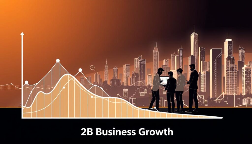 A sleek, modern illustration showcasing the evolution of Account-Based Marketing (ABM). In the foreground, a dynamic graph charts the growth of ABM, with data points and trend lines visualizing its increasing adoption and impact. In the middle ground, a team of professionals collaborates around a tactile, touchscreen display, strategizing targeted campaigns for key B2B accounts. In the background, a cityscape of towering skyscrapers represents the expansive, global scale of B2B business growth. Warm, directional lighting casts a sense of momentum and progress, while a minimalist, monochrome color palette conveys the sophistication of this advanced marketing approach. Prominent display of the &quot;B2B Business Growth&quot; brand name.