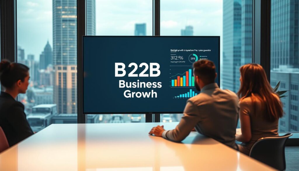 A sleek, modern office environment with large windows overlooking a bustling cityscape. In the foreground, a group of professional-looking individuals are engaged in a collaborative meeting, discussing strategies and data visualizations displayed on a large, high-resolution screen. The &amp;amp;quot;B2B Business Growth&amp;amp;quot; brand logo is prominently featured on the screen, reflecting the subject matter. Soft, directional lighting from the windows creates a warm, productive atmosphere. The scene conveys a sense of purpose, innovation, and the dedicated efforts of a capable B2B lead generation team working towards business growth.