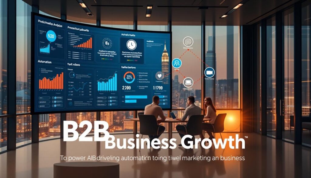A sleek, modern office setting with a large, curved display screen showcasing dynamic marketing analytics dashboards and automation workflows. In the foreground, a B2B Business Growth logo prominently featured, surrounded by hovering icons representing AI-powered marketing tools like predictive analytics, audience segmentation, and campaign optimization. The middle ground features a team of professionals collaborating around a central conference table, deep in discussion about their data-driven marketing strategy. The background depicts a cityscape visible through floor-to-ceiling windows, bathed in warm, diffused lighting that creates a sense of innovation and progress. The overall scene conveys the power of AI-driven marketing automation to drive exceptional B2B business growth.