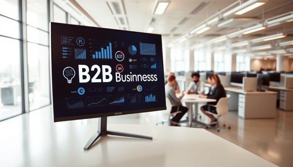 A sleek, modern office setting with a minimalist aesthetic. In the foreground, a large, curved-screen computer monitor displays the &amp;amp;quot;B2B Business Growth&amp;amp;quot; logo, surrounded by various digital analytics charts and graphs. In the middle ground, a group of professional-looking individuals are gathered around a conference table, engaged in animated discussion. The lighting is bright and airy, with large windows providing natural illumination. In the background, rows of cubicles and office equipment create a sense of a bustling, productive workspace. The overall mood is one of efficiency, innovation, and business growth.