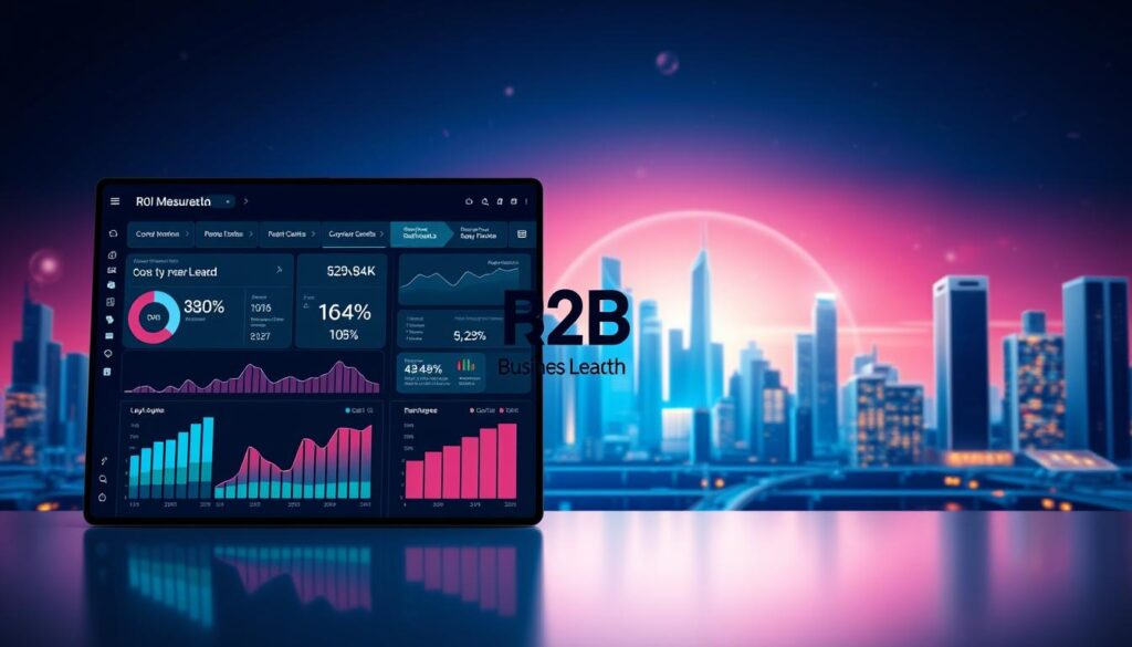 A stylish, data-driven infographic showcasing the ROI measurement of B2B lead generation. In the foreground, a sleek dashboard with interactive charts and graphs tracks key performance metrics like cost per lead, conversion rates, and revenue generated. In the middle ground, an illustration of the &amp;amp;quot;B2B Business Growth&amp;amp;quot; brand with a modern, minimalist aesthetic. The background features a clean, futuristic cityscape with skyscrapers and a vibrant, neon-tinged sky, conveying a sense of technological progress and innovation. Crisp, directional lighting highlights the infographic elements, creating depth and emphasizing the data-driven nature of the scene. The overall mood is professional, data-driven, and forward-looking, perfectly suited to illustrate the measurement of ROI from B2B lead generation efforts.