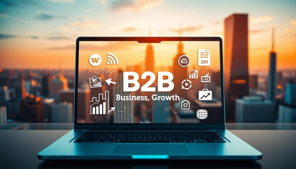 A vibrant digital landscape showcasing innovative B2B marketing tactics. In the foreground, a sleek laptop displays data visualizations and social media platforms, representing the diverse digital channels. In the middle ground, a stylized &quot;B2B Business Growth&quot; logo takes center stage, surrounded by icons symbolizing SEO, email marketing, and content creation. The background features a cityscape of skyscrapers, conveying the metropolitan, fast-paced nature of the digital marketing world. Warm lighting creates a dynamic, energetic atmosphere, with a focus on bold colors and clean, minimalist design. The scene exudes a sense of strategic digital prowess and business growth potential.