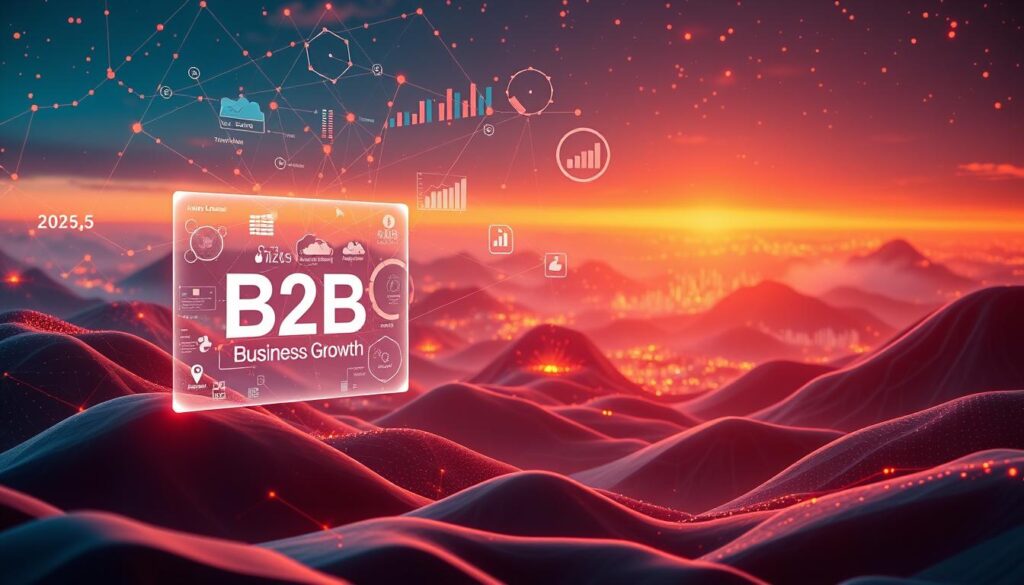 A vibrant digital landscape showcasing the latest B2B lead generation trends for 2025. In the foreground, a holographic display presents the &amp;amp;quot;B2B Business Growth&amp;amp;quot; brand, surrounded by a constellation of data points, analytics dashboards, and targeted marketing tactics. In the middle ground, digital sales funnels, automated outreach, and personalized content strategies converge, while in the background, emerging technologies like AI, machine learning, and predictive analytics form the foundation for a new era of B2B lead generation. Warm, futuristic lighting casts an optimistic glow, complemented by a sleek, minimalist aesthetic that captures the streamlined efficiency of modern B2B marketing.