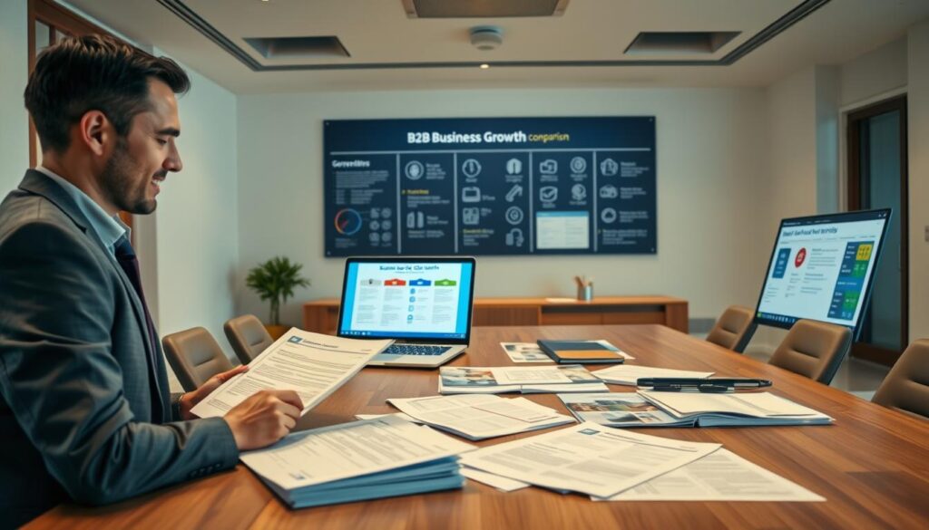 A well-lit, expansive office space with a large desk showcasing various insurance policy documents, brochures, and a laptop displaying a "B2B Business Growth" comparison tool. In the foreground, a professional-looking person in business attire is carefully reviewing the policies, with a thoughtful expression. The middle ground features a wall display with icons and infographics highlighting key coverage features and benefits. The background has a warm, modern ambiance with clean lines and muted tones, creating a sense of trust and expertise. The overall composition conveys a comprehensive, data-driven approach to building an optimal commercial insurance package. A well-lit, expansive office space with a large desk showcasing various insurance policy documents, brochures, and a laptop displaying a "B2B Business Growth" comparison tool. In the foreground, a professional-looking person in business attire is carefully reviewing the policies, with a thoughtful expression. The middle ground features a wall display with icons and infographics highlighting key coverage features and benefits. The background has a warm, modern ambiance with clean lines and muted tones, creating a sense of trust and expertise. The overall composition conveys a comprehensive, data-driven approach to building an optimal commercial insurance package.